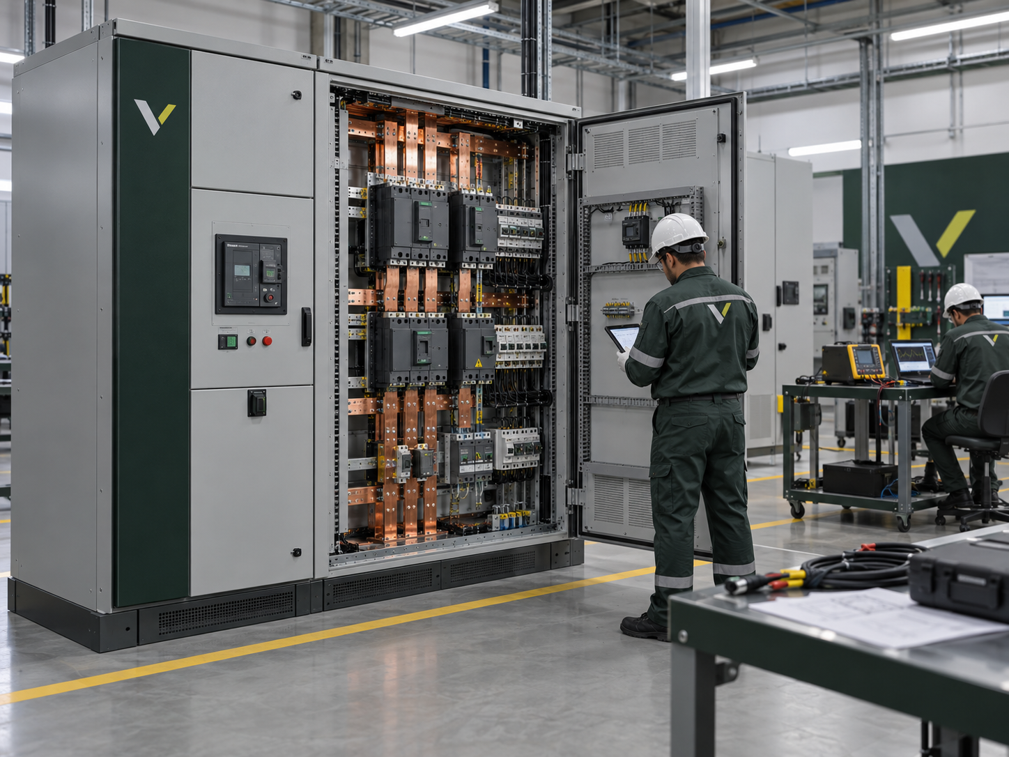 QGBT aberto durante inspeção técnica em fábrica