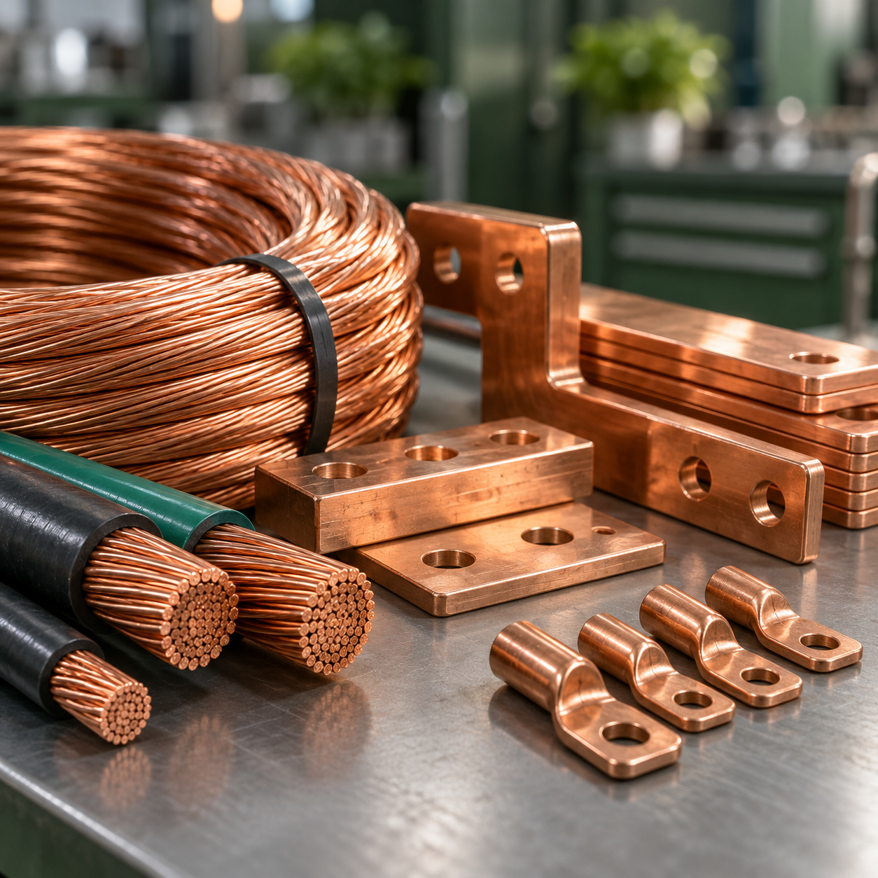 Cabos, barramentos e conectores de cobre para painéis elétricos