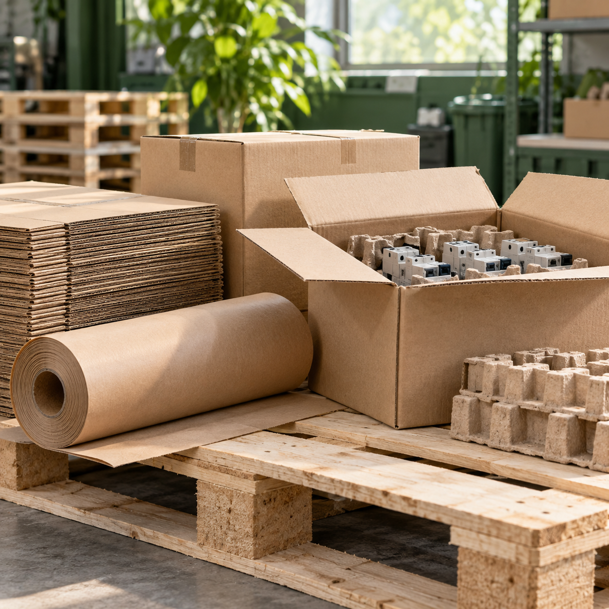 Embalagens de papelão, papel e pallet de madeira usados na logística de componentes elétricos