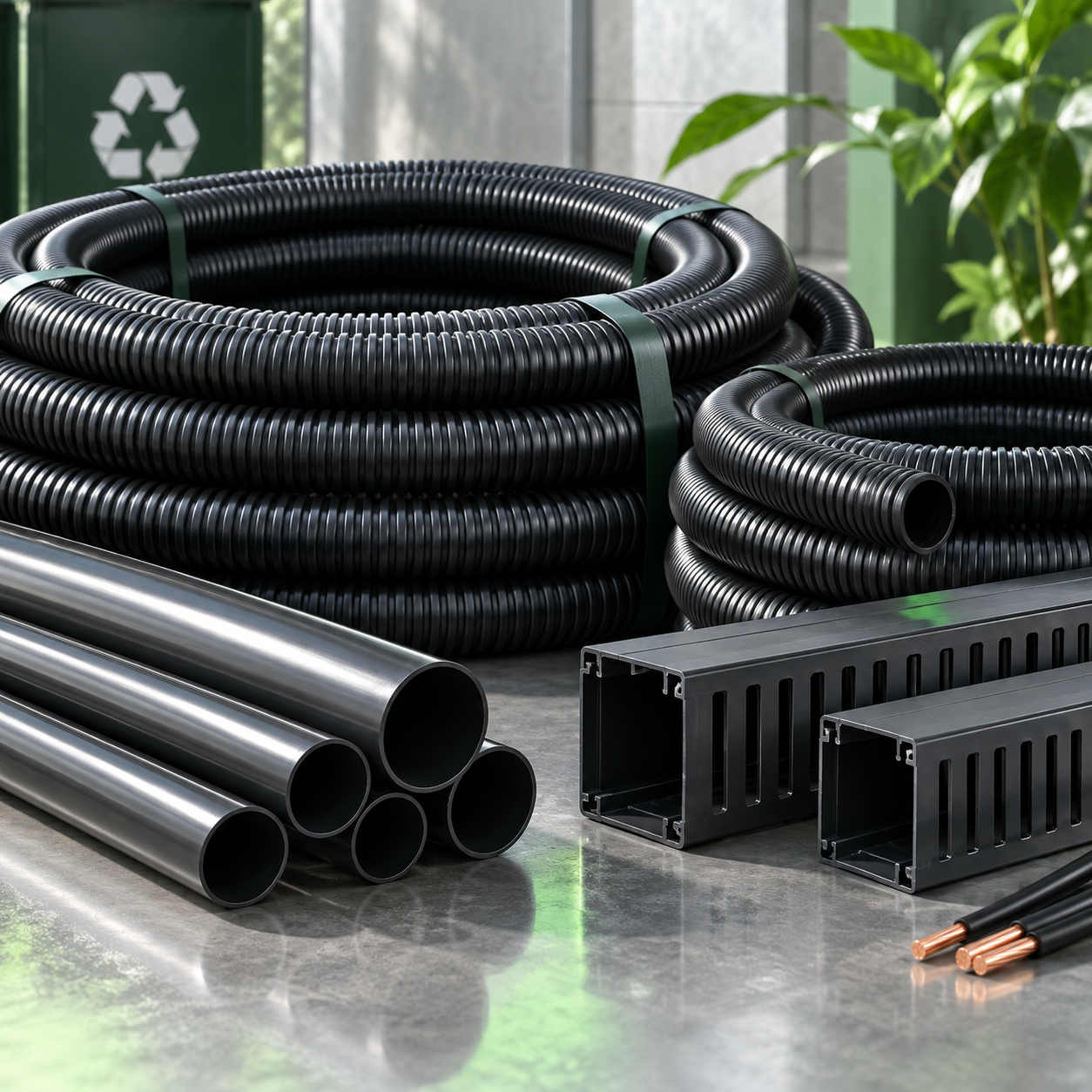 Eletrodutos e canaletas de PVC e plástico organizados em bancada industrial